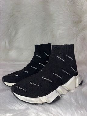 Balenciaga Black Knit Sock Sneakers with White Sculpted Sole